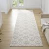 Cream flatweave runner rug with beige geometric diamond pattern on light wood floor.