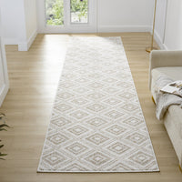 Cream flatweave runner rug with beige geometric diamond pattern on light wood floor.