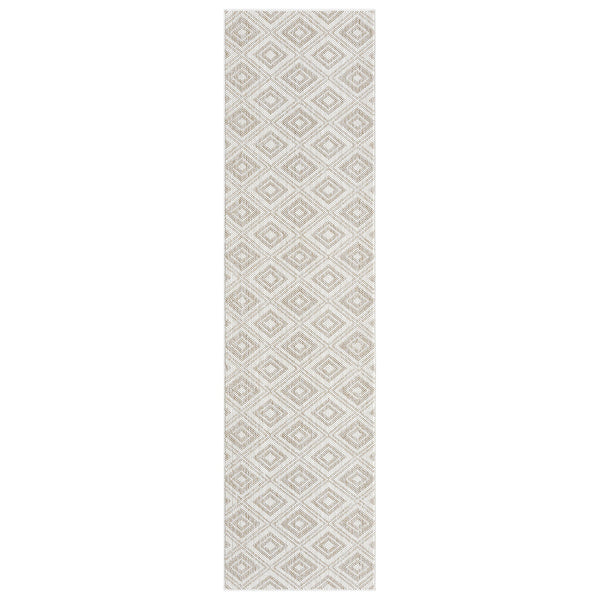 Cream flatweave runner rug with beige geometric diamond pattern and minimalist design.