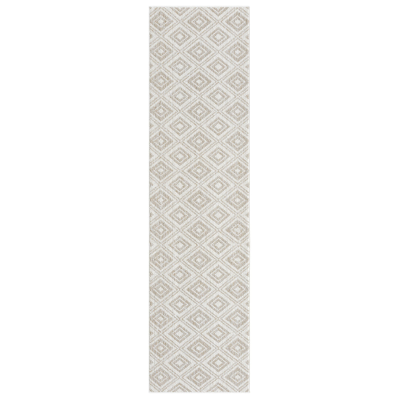 Cream flatweave runner rug with beige geometric diamond pattern and minimalist design.