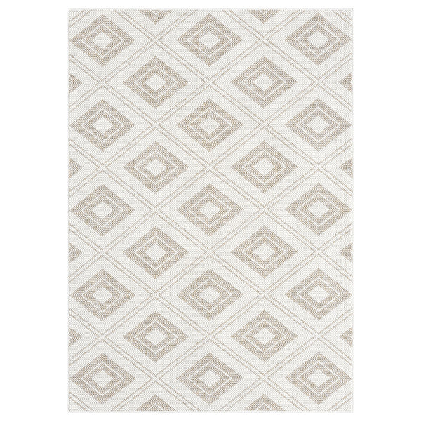 Cream flatweave rug with beige diamond geometric pattern, modern minimalist design.