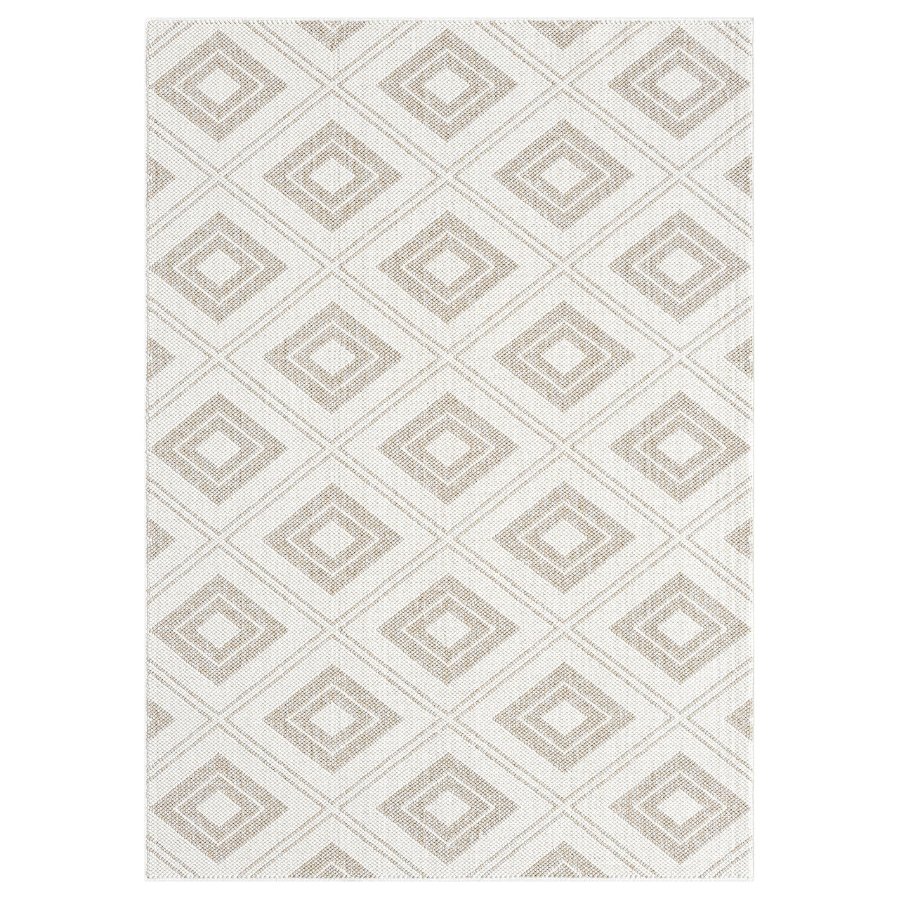 Cream flatweave rug with beige diamond geometric pattern, modern minimalist design.