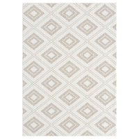 Cream flatweave rug with beige diamond geometric pattern, modern minimalist design.