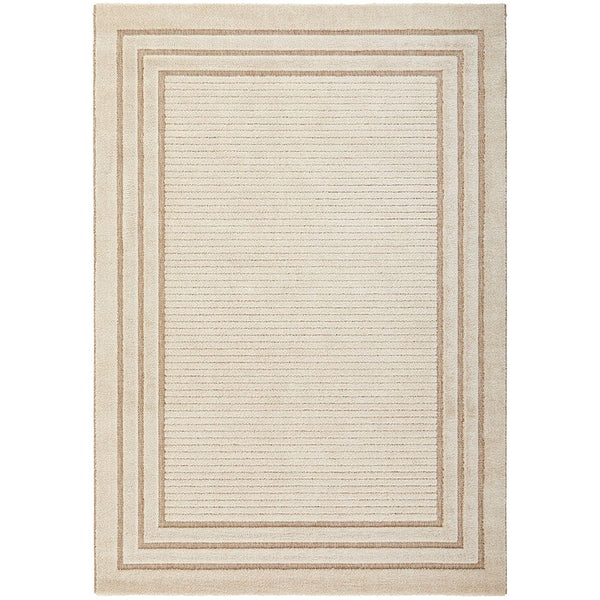 Cream beige rug with subtle modern linear border pattern and textured stripe center.