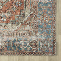 Rectangular runner rug with traditional floral motifs in muted blue, rust, and beige tones with a distressed flatweave.