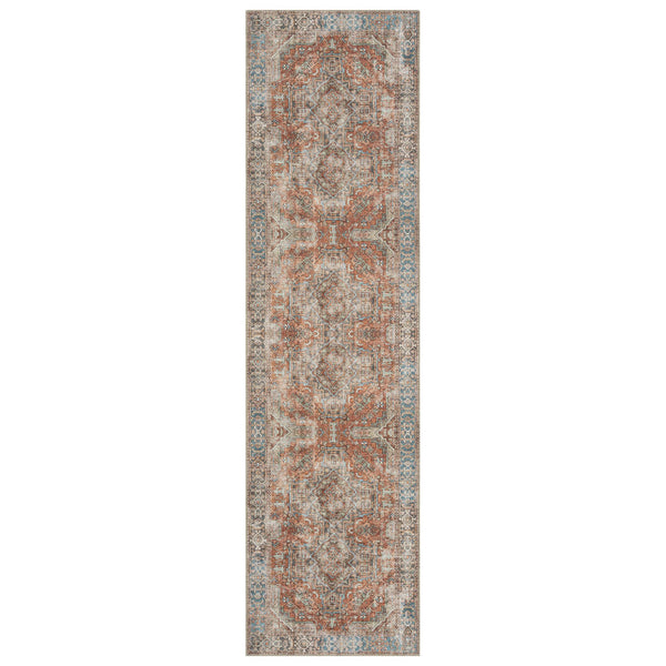 Multi-colored traditional runner rug with intricate floral motifs and distressed vintage look.