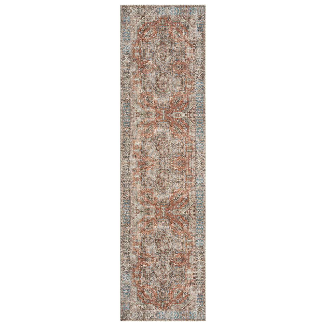 Multi-colored traditional runner rug with intricate floral motifs and distressed vintage look.