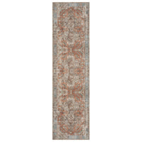 Multi-colored traditional runner rug with intricate floral motifs and distressed vintage look.