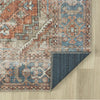 Multi-colored traditional runner rug with floral and geometric patterns in blue, rust, and beige tones, flat-weave texture.