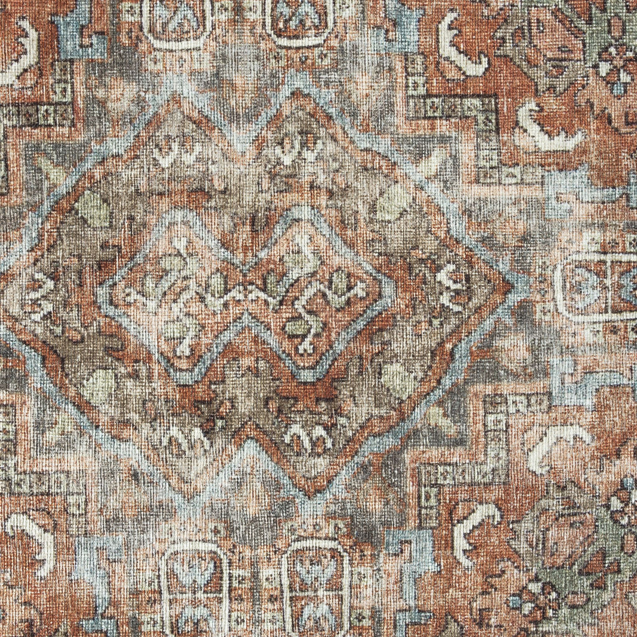 Traditional multi-colored flatweave rug with distressed floral and geometric patterns in rust, beige, and blue tones.