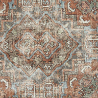 Traditional multi-colored flatweave rug with distressed floral and geometric patterns in rust, beige, and blue tones.