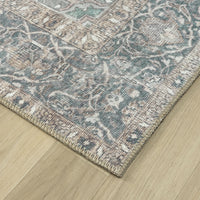 Grey multi-coloured traditional runner rug with floral and intricate distressed patterns on flatwoven texture.