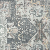 Grey multi-coloured traditional runner rug with floral and geometric patterns, flatweave texture.