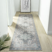 Grey multi-colored traditional runner rug with faded floral and geometric patterns on light wood floor.