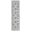 Grey traditional runner rug with intricate blue and beige floral motifs and distressed detailing.