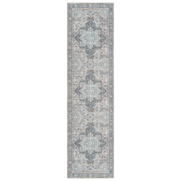 Grey traditional runner rug with intricate blue and beige floral motifs and distressed detailing.