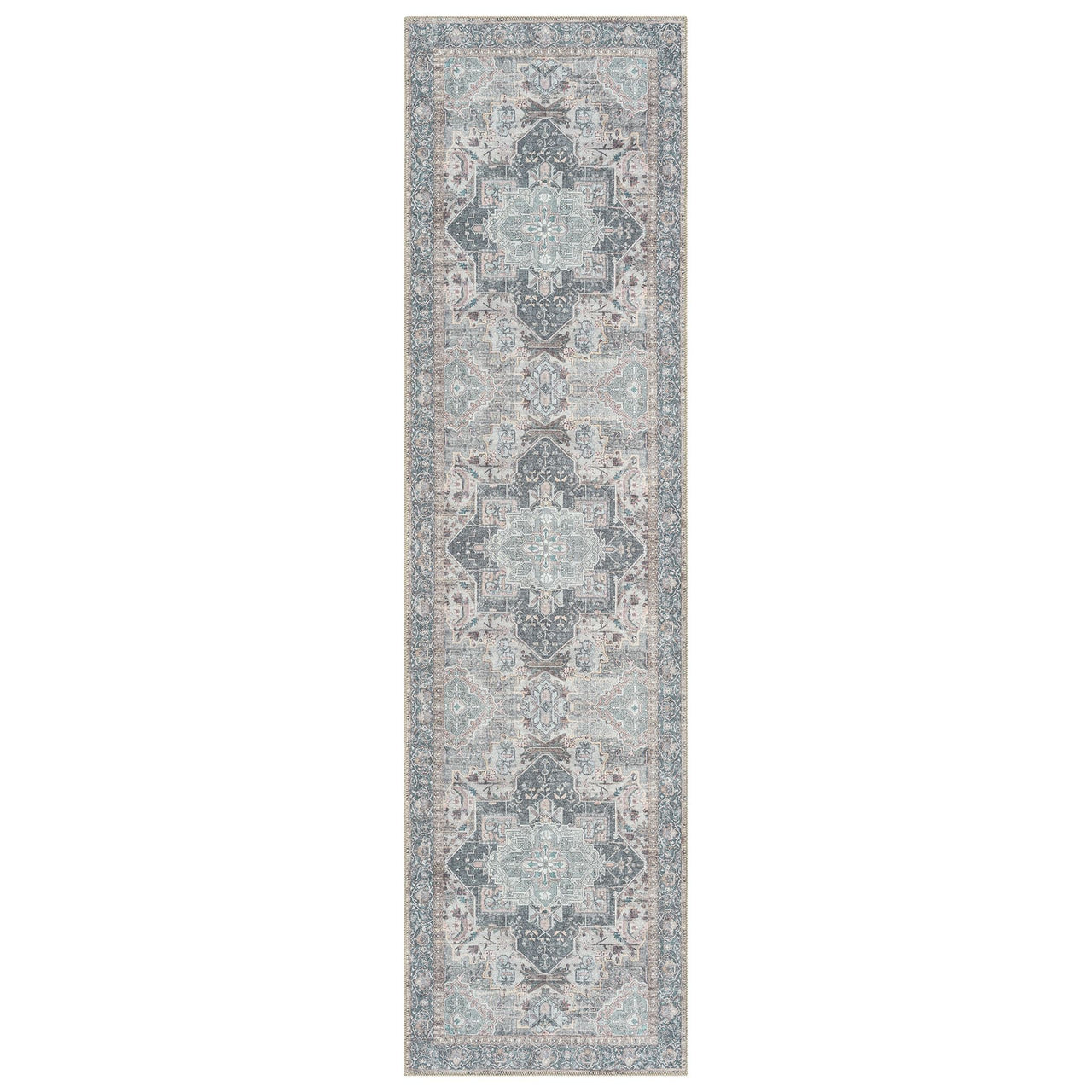 Grey traditional runner rug with intricate blue and beige floral motifs and distressed detailing.