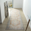 Long runner rug with faded pastel floral and geometric patterns in soft blue, beige, and peach tones on a distressed.