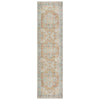 Long narrow runner rug with distressed vintage floral motifs in soft beige, blue, and muted orange tones.