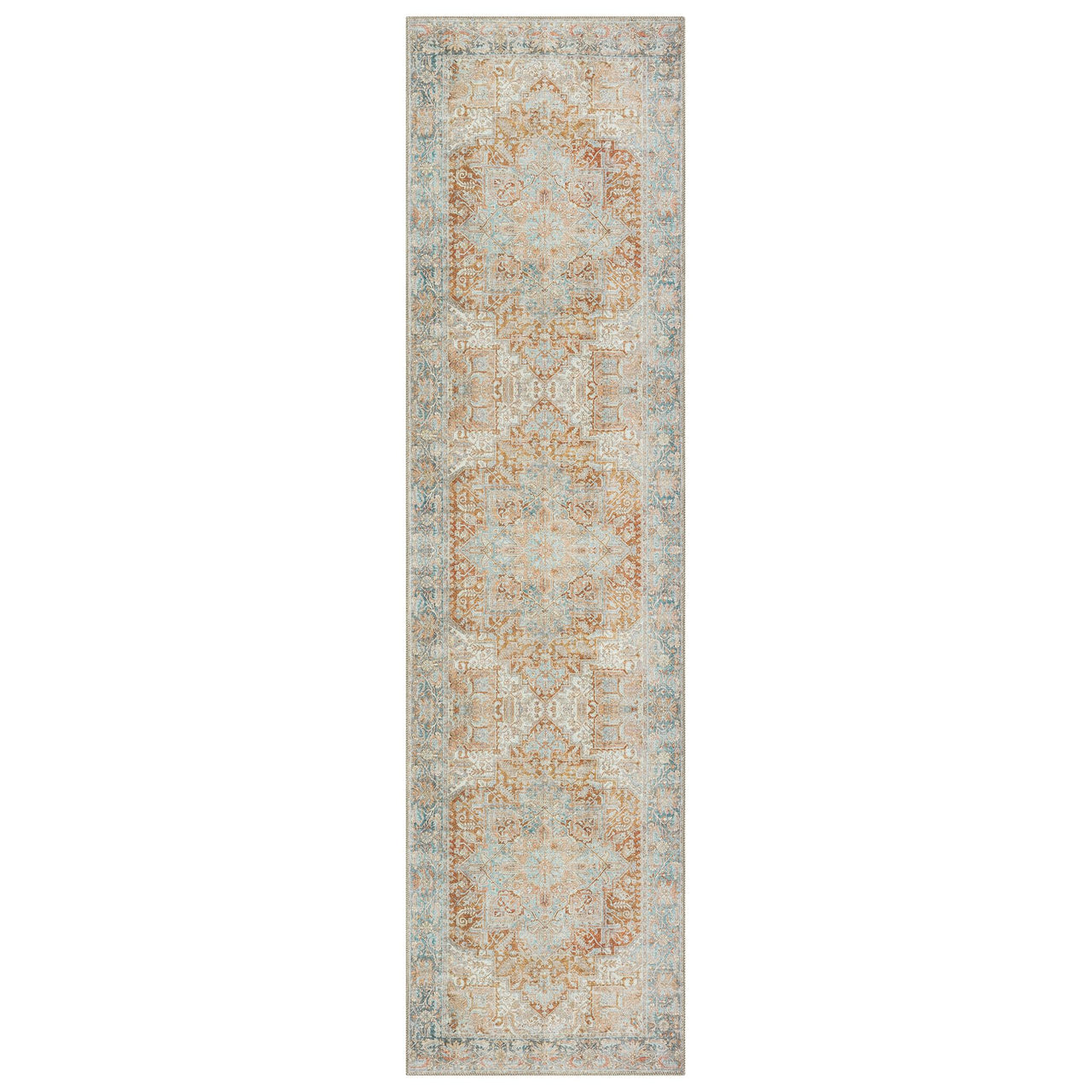 Long narrow runner rug with distressed vintage floral motifs in soft beige, blue, and muted orange tones.