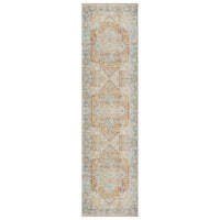 Long narrow runner rug with distressed vintage floral motifs in soft beige, blue, and muted orange tones.