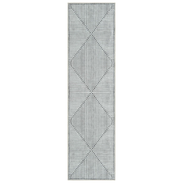 Black and white geometric patterned traditional runner rug with diamond shapes and striped details.