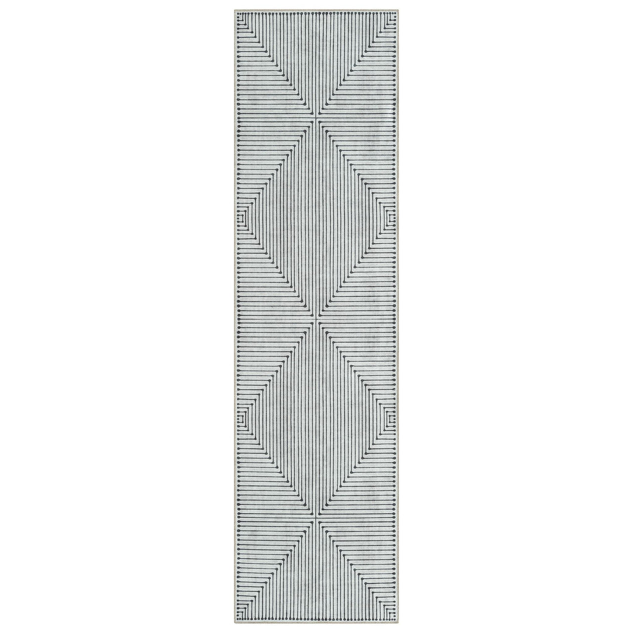 Black and white geometric patterned traditional runner rug with diamond shapes and striped details.