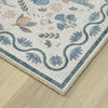 Traditional runner rug corner with blue, beige, and brown floral motifs on cream background and blue border.