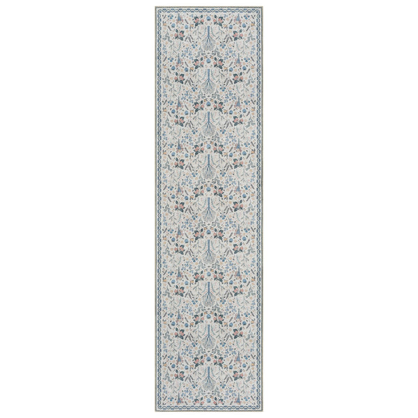 Long runner rug with intricate floral tree pattern in soft blues, greens, and muted reds on a cream background.