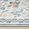 Traditional runner rug with multi-colored floral and leaf patterns on a cream background, blue and green border detailing.