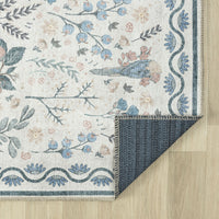 Multi-colored traditional floral rug with blue, beige, and soft pink motifs on cream background, flatwoven with a detailed.