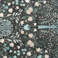 Grey runner rug with intricate multi-coloured floral motifs and traditional patterns.