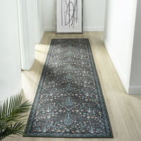 Grey traditional runner rug with intricate multi-colored floral pattern and distressed flatweave texture.