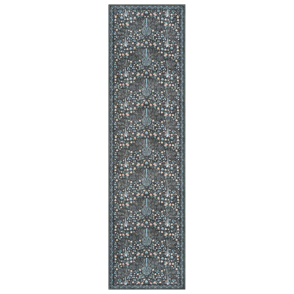 Long runner rug with grey background featuring intricate traditional floral patterns in soft blue, beige, and cream tones.