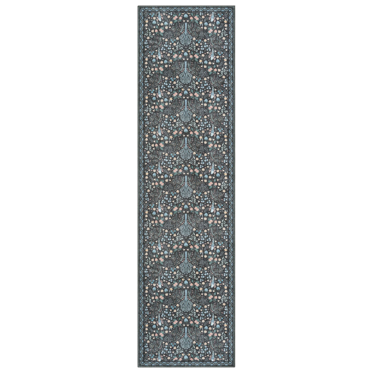 Long runner rug with grey background featuring intricate traditional floral patterns in soft blue, beige, and cream tones.
