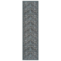 Long runner rug with grey background featuring intricate traditional floral patterns in soft blue, beige, and cream tones.