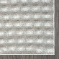 Grey flatweave rug with subtle textured stripe pattern and neatly finished edges.
