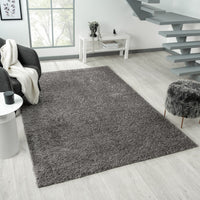 Grey silver modern shaggy rug with soft plush texture in a contemporary living room setting.