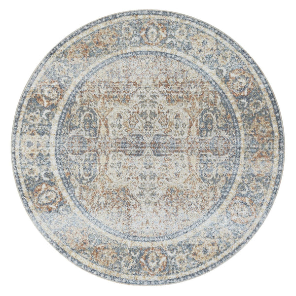 Round modern rug with distressed coral, beige, and blue floral patterns and intricate border design.