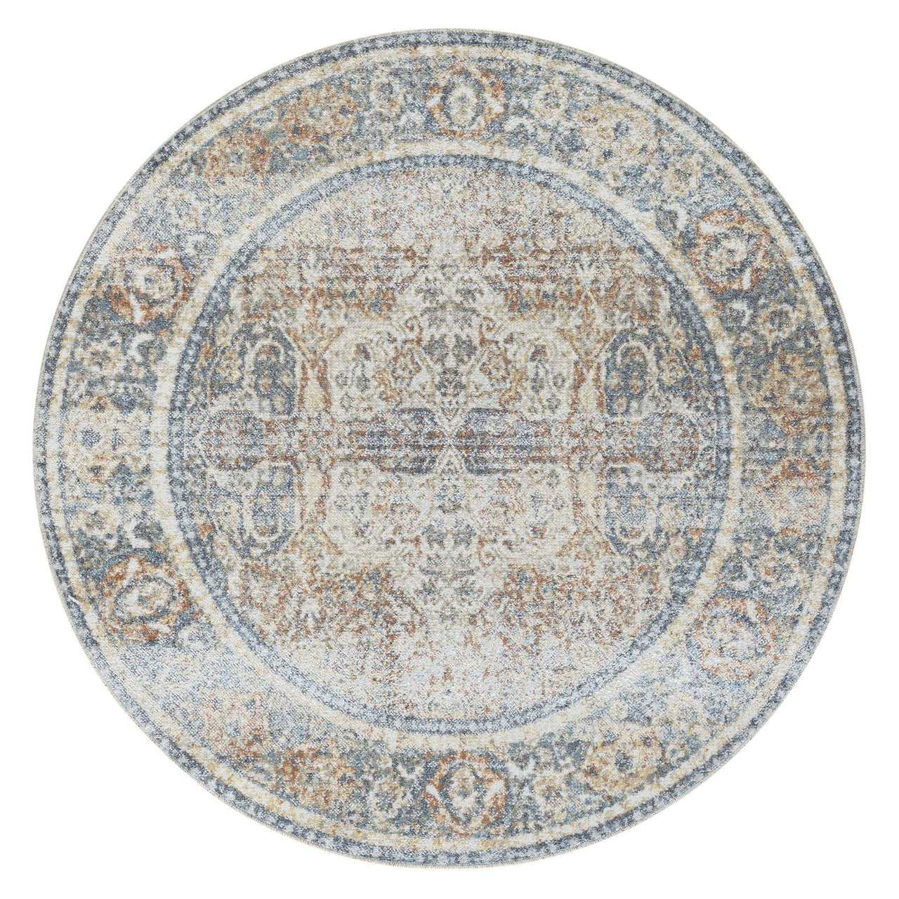 Round modern rug with distressed coral, beige, and blue floral patterns and intricate border design.