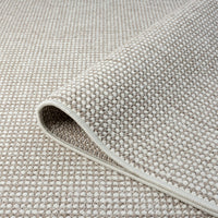 Beige flatweave runner rug with subtle geometric texture and tightly woven polyester fibers.