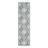 Grey and cream geometric patterned runner rug with fringed edges and textured pile.