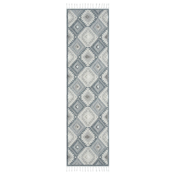 Grey and cream geometric patterned runner rug with fringed edges and textured pile.