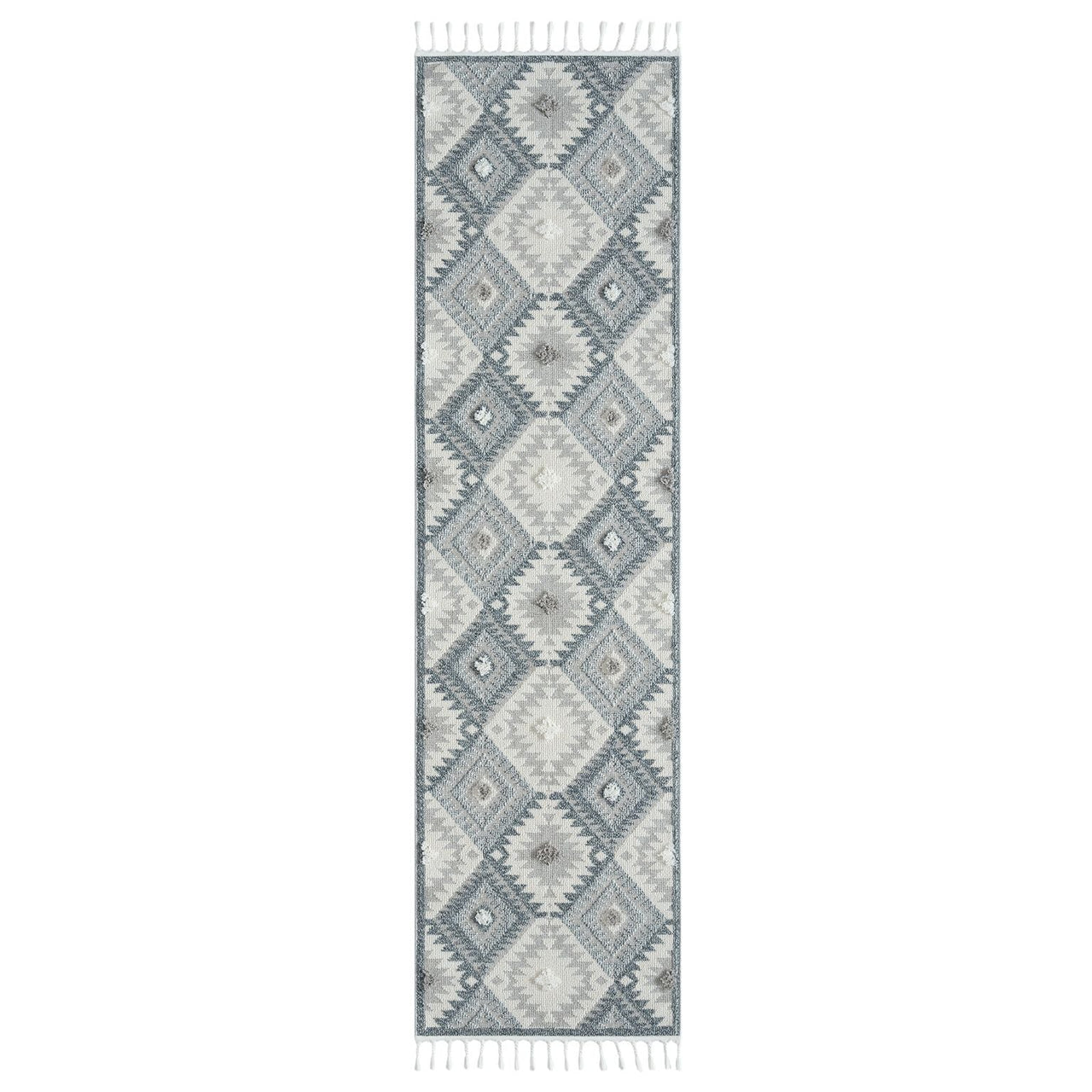 Grey and cream geometric patterned runner rug with fringed edges and textured pile.
