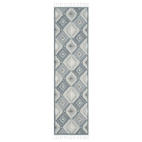 Grey and cream geometric patterned runner rug with fringed edges and textured pile.