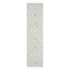 Beige and white runner rug with modern geometric diamond pattern and fringed edges.