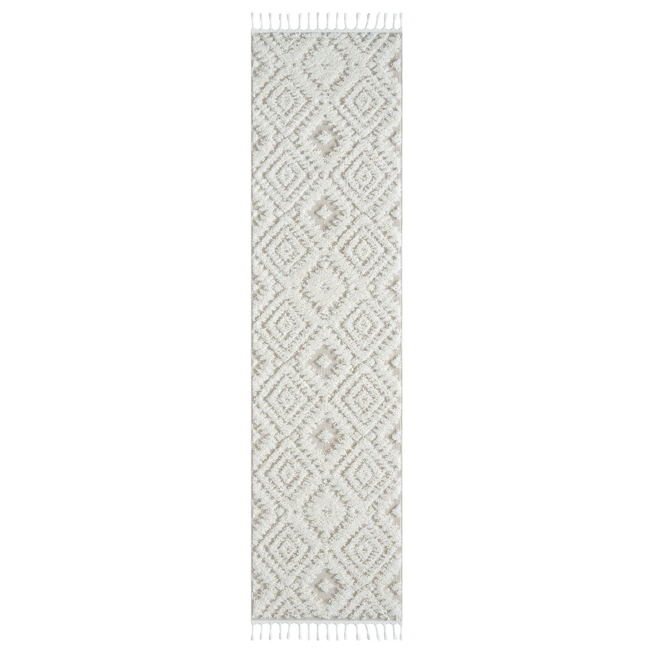 Beige and white runner rug with modern geometric diamond pattern and fringed edges.