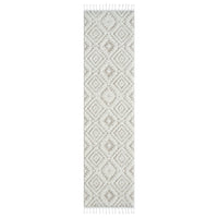 Beige and white runner rug with modern geometric diamond pattern and fringed edges.