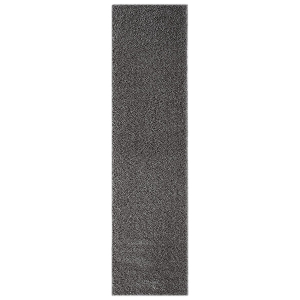 Long narrow shaggy runner rug in textured grey and silver tones.