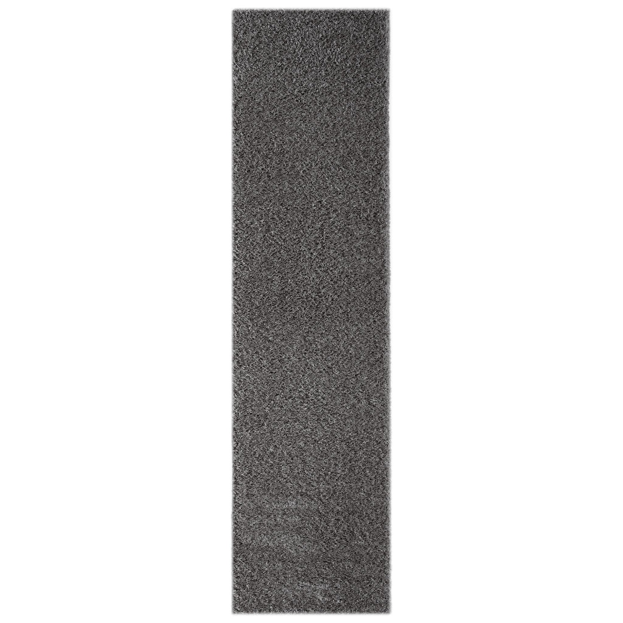 Long narrow shaggy runner rug in textured grey and silver tones.